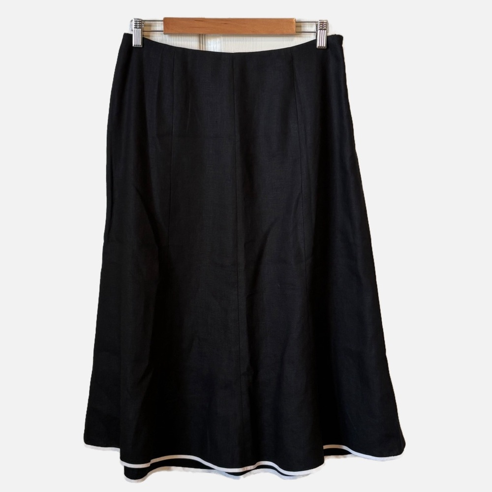 TALBOTS 100% Linen A-Line Midi Skirt Black Classic White Hem Trim 10 Petite